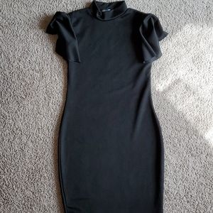 High neck flutter sleeve black dress